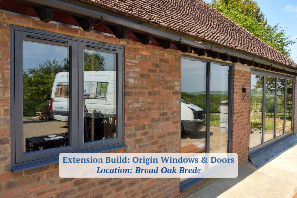 Extension with Origin windows and bifold doors Broad Oak Brede Installation